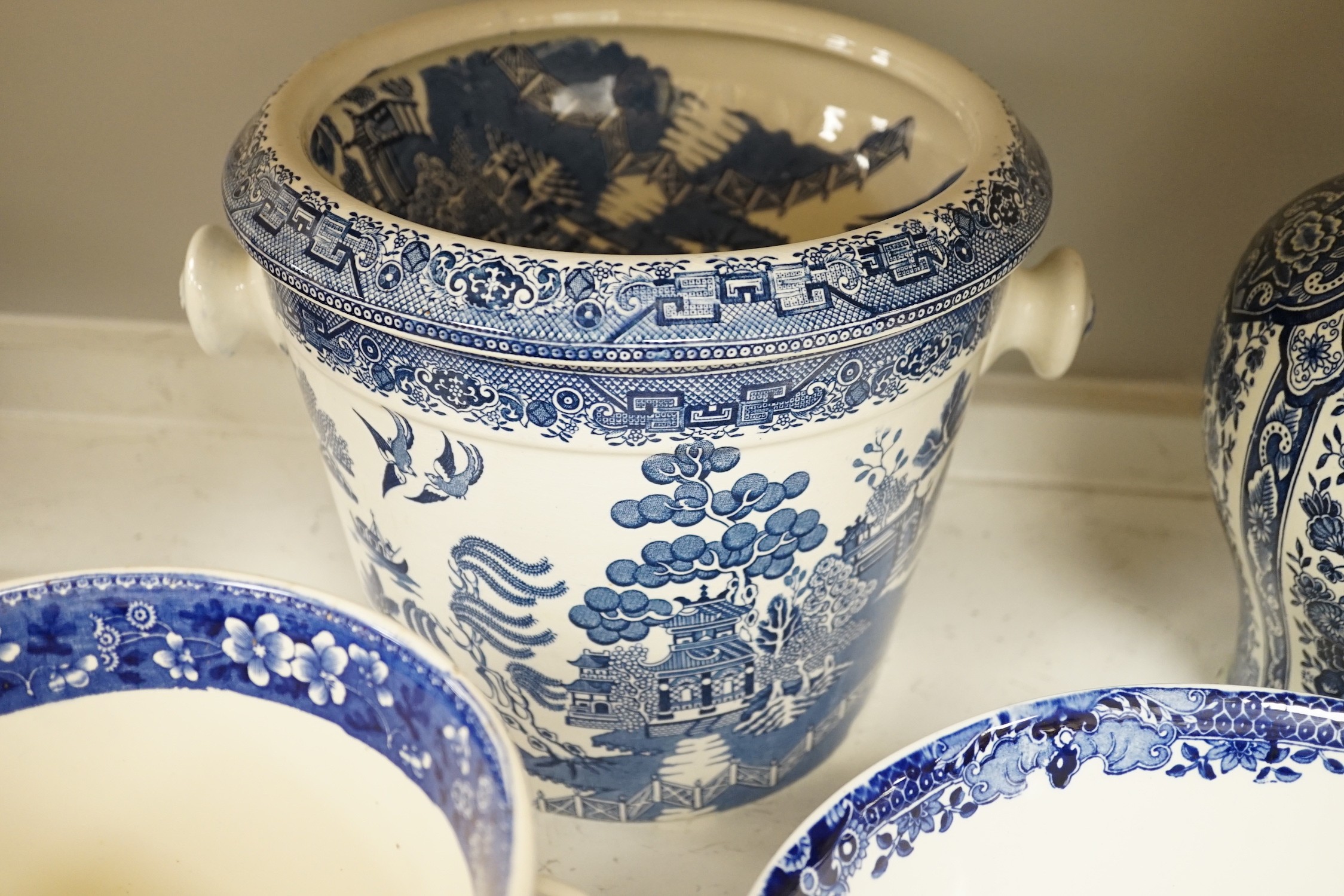 A Royal Crown Derby trinket set, Honeysuckle pattern and a few blue-printed earthenware items including Spode, Maling ware, etc.